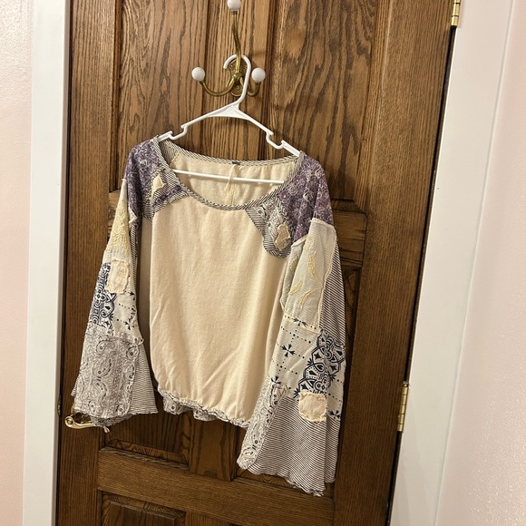 Free People In Pieces Bohemian Patchwork Top Cream and Purple Small - Picture 4 of 12